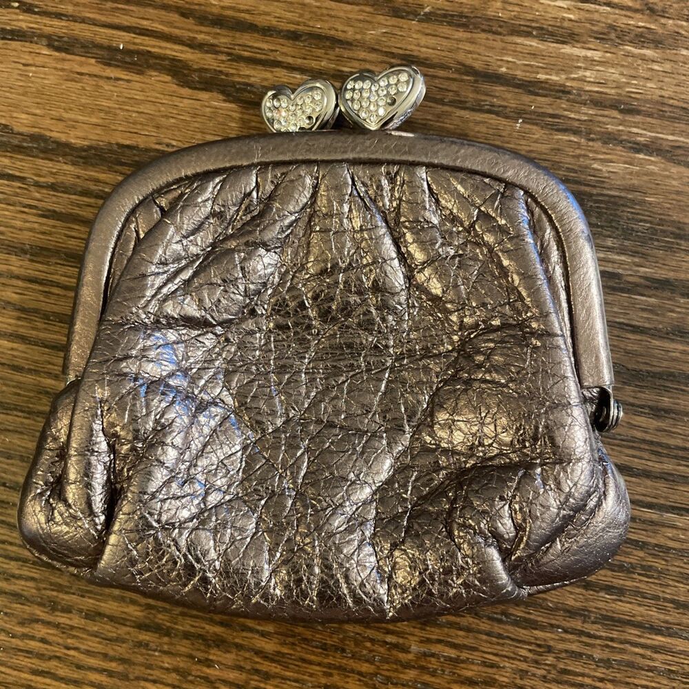 Vintage Brighton Kisslock Coin Purse Metallic Leather Rhinestone Silver Heart